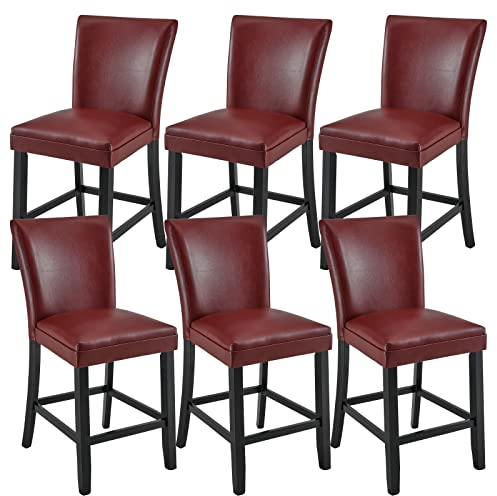 PADMA HOUSE Barhocker gepolsterter Barstuhl mit Mittlerer Rückenlehne, PU, Sitzhöhe 61 cm, Barhockern mit Fußstütze… (6er Set Rot)