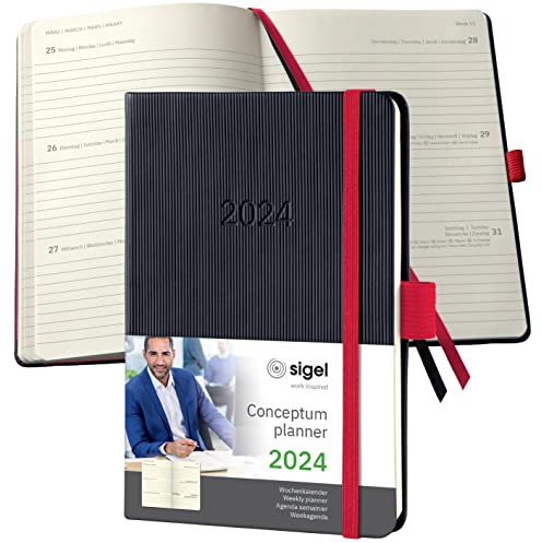 SIGEL C2409 Terminplaner Wochenkalender 2024, ca. A6, schwarz, rot, Hardcover, 176 Seiten, Gummiband, Stiftschlaufe, Archivtasche, PEFC-zertifiziert, Conceptum