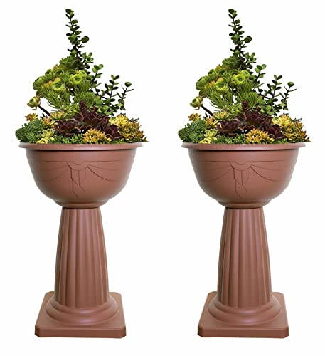 HOMION Set of 2 Terracotta Pedestal Flower Plant Planter Pot 40cm Jardinière Round Planter Pot Venetian Plastic Garden Bowl Free Standing