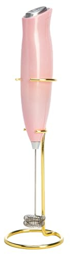 Paris Hilton Electric Handheld Milk Frother with Double Coil Head Whisk and Gold Metal Stand, Battery Powered (2 AA Batteries Required but Not Included), Pink Sparkle Finish