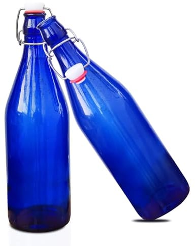 KWARE Botellas de vidrio de estilo vintage de 1 litro, ideales para uso doméstico o comercial, llenar con agua, vino, licor, aceite, cerveza, licor o cordiales (azul)