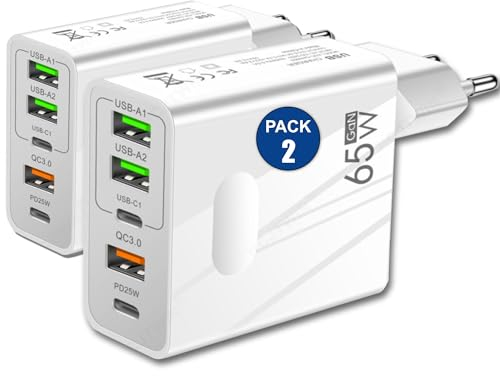 3-Stars | Pack 2 | 2025 | Cargador USB de 65 W 5 Puertos USB: 2 Tipo-C + 3 Tipo-A | Carga rápida-QC 3.0| Compatible con Samsung/iPhone/Xiaomi/etc. | Certificado CE | Garantía de satisfacción