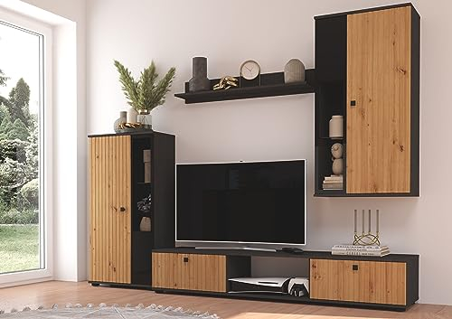 Kuechen-preisbombe Wohnwand Salsa 2 Lamellenoptik Anbauwand Schrankwand MDF Eiche Artisan + Grau