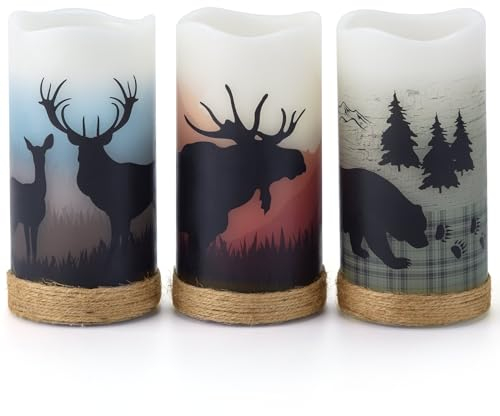 CANDLE IDEA Batteriebetriebene Echtwachs-Stumpenkerzen mit charmantem Hirsch, Elch, Bären-Aufklebern, flammenlose, flackernde LED-Kerzen mit Hanfseil und 6-Stunden-Timer, rustikale Heimdekoration für
