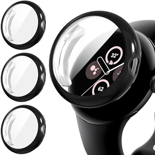 Diruite 3 Pezzi Custodia Protettiva Schermo per Google Pixel Watch 3/2/1 41mm Pellicola Protettiva,TPU Guscio Morbido Antigraffio Cover,Nero&Nero&Nero