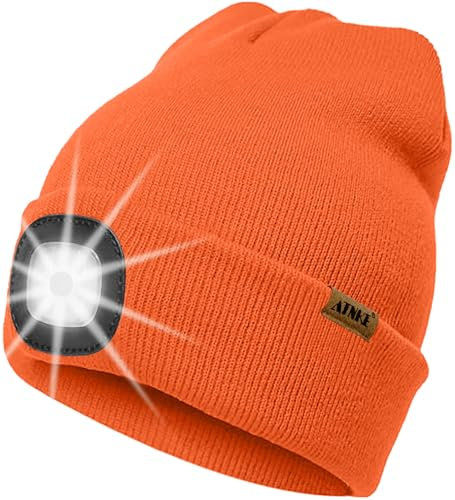 ATNKE LED Beleuchtete Mütze mit Licht,Wiederaufladbare USB 4 LED Beleuchtete Laufmütze Extrem Heller Lampe Winter Warme Stricken Mütze Technik Geschenke für Herren und Damen/Bright Orange