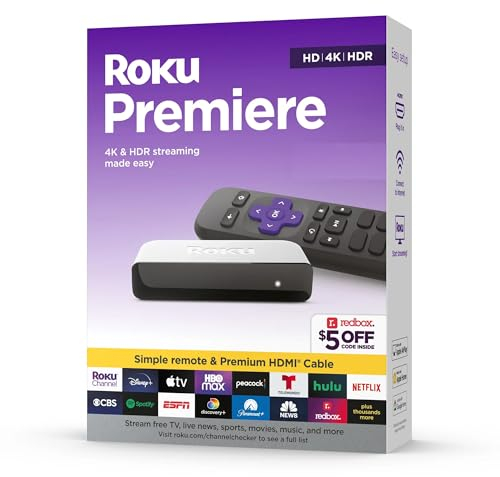 Roku 3920RW-SW Premiere | Reproductor multimedia de transmisión 4K/HDR Wi-Fi habilitado con cable HDMI de alta velocidad y control remoto simple