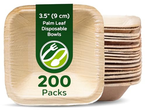 ECO Leaf 200 Disposable Palm Leaf Bowls |3.5”(9cm) Square Compostable Dinner Bowls | Eco-Friendly, Biodegradable Heavy-Duty Bowl for Wedding, Party and Picnic | Microwave & Oven Safe, Pack of 200