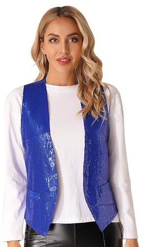 inhzoy Damen Glänzend Pailletten Weste Glitzer Anzugweste Jacke ärmellos Glitzernde Disco Fasching Kostüm Oberteil Party Karneval Top
