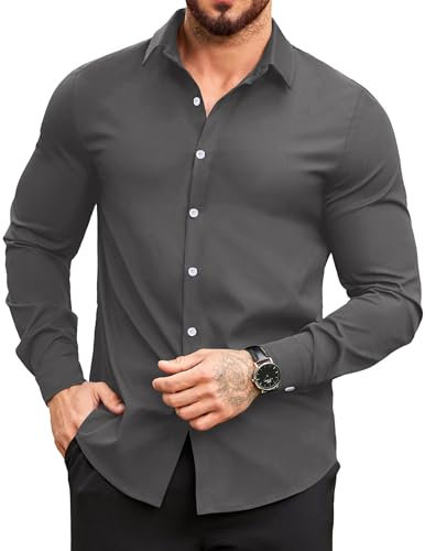 COOFANDY Dress Shirt Men's Long Sleeve Smart Casual Work Formal Tuxedo Regular Fit Button Down Unicoloured Shirt Dark Grey M