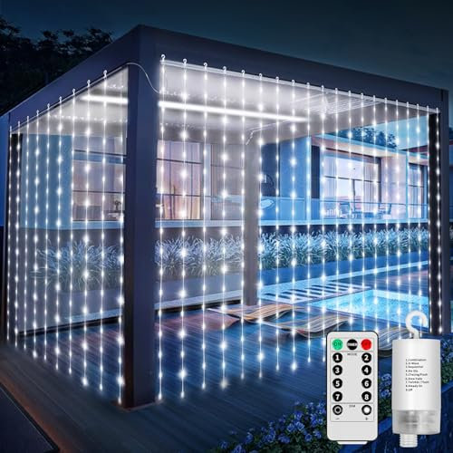 RJEDL Curtain Lights Battery Operated, 6x3m 600LED Garden Fairy Curtain Lights Outdoor Waterproof with Remote, 8 Modes Waterfall Garden String Lights for Patio Gazebo Party Valentine Decorations