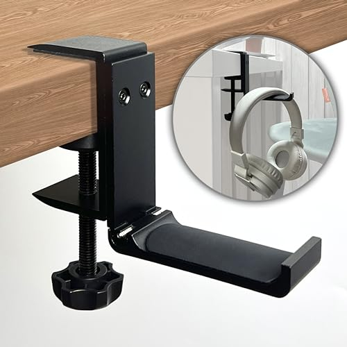 MyGadget Porta Cuffie da Scrivania [Ruotabile 90 Gradi] - Supporto per Cuffie Pieghevole in Metallo - Gancio per Montaggio Verticale o Orizzontale - Nero