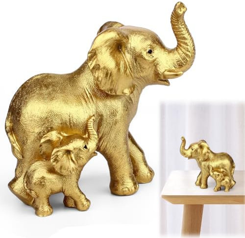 Gold Elefant Statue Figure Mutterliebe Elefanten Deko Resin Skulptur Ornament, Elefanten Geschenke für Mama, Familie, Freunde, Kollegen Elefanten Dekoration für Wohnzimmer, Büro, Moderner Stil Statue
