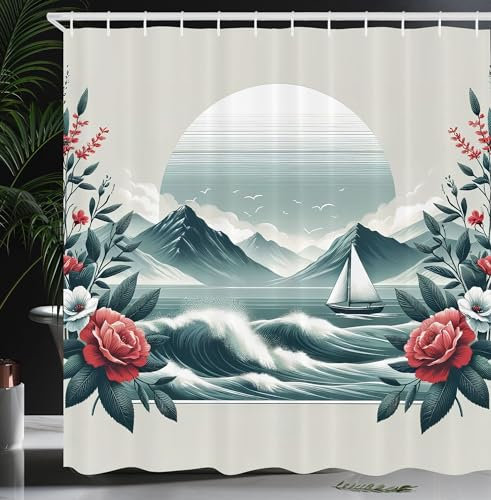 ABAKUHAUS Nautisch Duschvorhang, Vintage Meerespanorama Friedlicher Horizont mit blühenden Wildrosen und Segelboot, Stoffliches Gewebe mit Haken, 175 x 200 cm, Koralle Schieferblau