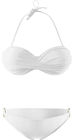 Generisch Twist Push Up Bandeau Bikini mit Niedriger Taille Ring Cutout Tanga Bademode Bauchweg Badeanzug(Weiß, M)