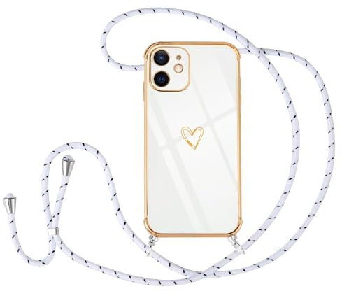 GeRRiT für iPhone 12 Mini Handyhülle mit Umhängeband, Handyhülle mit Kette, Herz Motiv, Ultra Dünn Stoßfeste Aesthetic Case mit Kordel zum Umhängen für iPhone 12 Mini 5.4 Zoll,Weiß