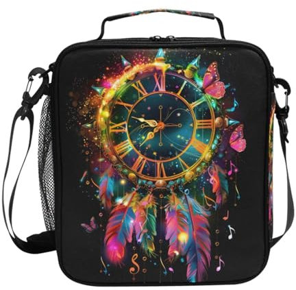 Mnsruu Lunchtasche mit Uhr-Feder-Traumfängern, isolierte Lunchbox, Tragetasche, kalte Thermo-gefrierbar, Schultergurt für Jungen, Mädchen, Schule, Picknick