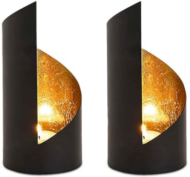 Teelichthalter Set 2-teilig Kerzenhalter zylindrisch Metall schwarz matt innen vergoldet
