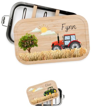 Bärenfreunde® - Personalisierte Brotdose für Kinder mit Spezial-Druck - Robuste Edelstahl Brotdose - Personalisierte Geschenke für Kinder & Erwachsene (Traktor rot,klein Weißblech)
