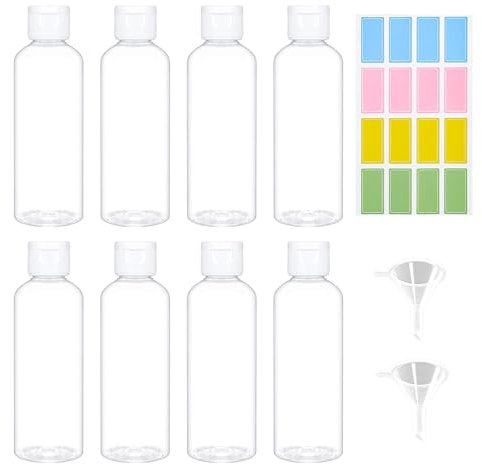 8 Pcs 100ml Travel Bottles, Travel Bottles for Toiletries Empty Refillable, Containers for Cosmetics, Travel Bottles 100 ml Clear with Colorful Label and 2 Funnels, Container Travel for Lotions