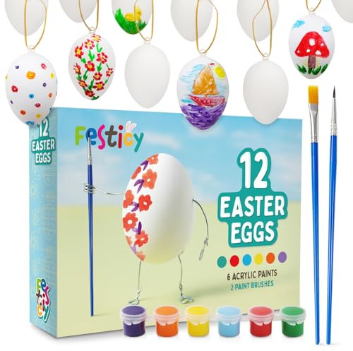 Festicy Ostereier Plastik zum Bemalen, 12 weiße Plastik Ostereier zum Aufhängen mit goldenem Band, inkl. 6 Acrylfarben & 2 Pinseln für Ostern Geschenke Kinder, Oster Basteln, Ostereier Deko