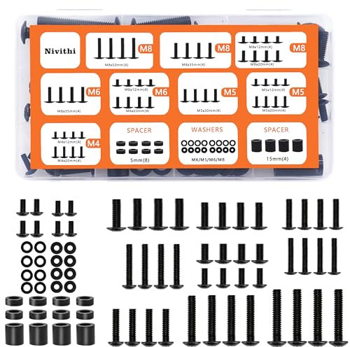 Nivithi 76pcs TV Bracket M4/M5/M6/M8 VESA Screws Kit (Black/Iron),with Washers/Spacers-TV Mounting Screws Hardware for Wall Brackets