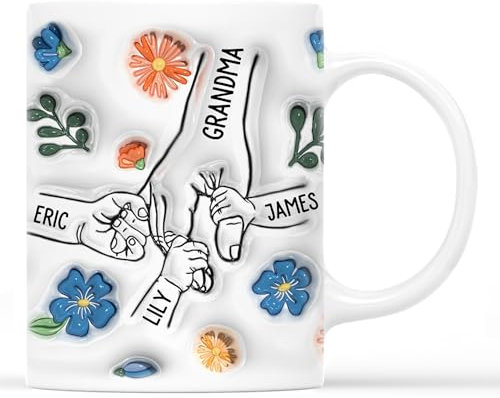 Personal Chic Custom Mug Holding Mum's Hand Flowers - Personalised Grandma Gift, Personalised Mum Gifts, Mummy Mug, Grandma Cup (Model #3)