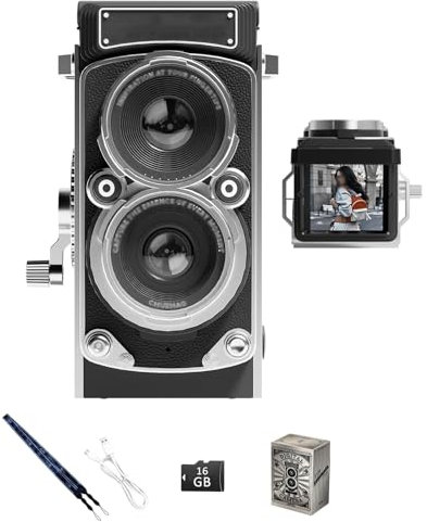 Minicámara Retro, cámara Digital Vintage con Control Manual y Tarjeta de Memoria de 16 GB, Video FHD 1080P, autoenfoque de 12 MP, Distancia Focal de 90 cm, réflex de Doble Objetivo