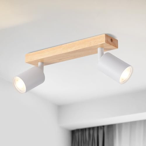 LVWIT Deckenleuchte LED 2 Flammig, Modern Deckenstrahler Schwenkbar, Spot Deckenleuchte Holz Weiß, GU10 Deckenlampe Spots für Küche, Schlafzimmer, Wohnzimmer (Ohne Leuchtmittel)