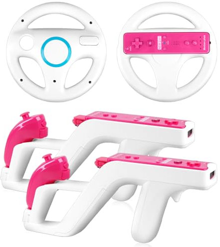 LongLongJin 2 Racing Steering Wheels And 2 Zapper Light Guns, Compatible With Nintendo Wii/Wii U Remote Game(White)
