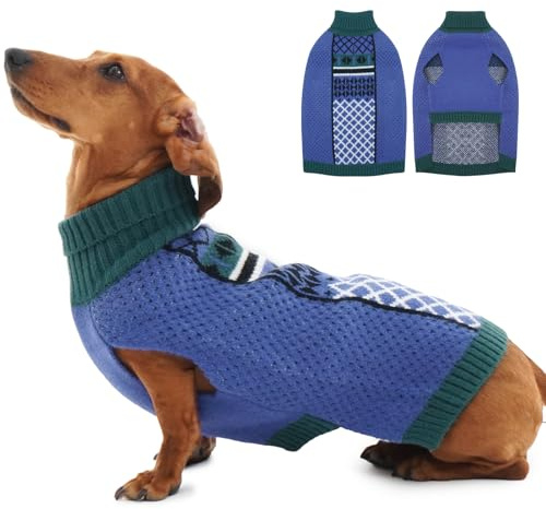 Katzinst Rollkragen Hundepullover - Pullover Hunde mit Leinenloch | Leicht und Elastisch Hundepulli für Mittelgroße Hunde, Ärmelloser Winter Hundekleidung, Blau, L