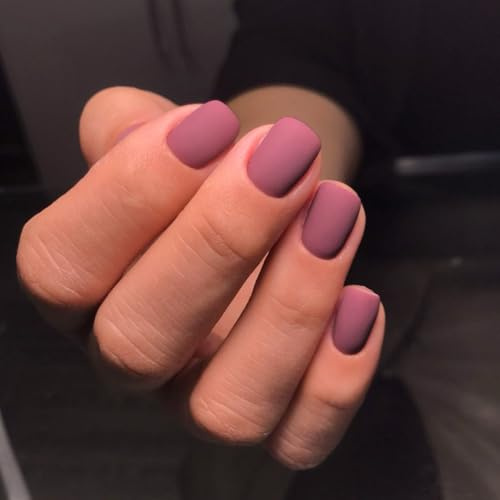 SXVME Matte Berry Pink Press on Nails Short Square, Short False Nails Coffin, Natural Velvet Purple Fake Nails Set, Pure Color Full Cover Soft Gel Stick on Nail for Women Fall Winter 24 Pcs
