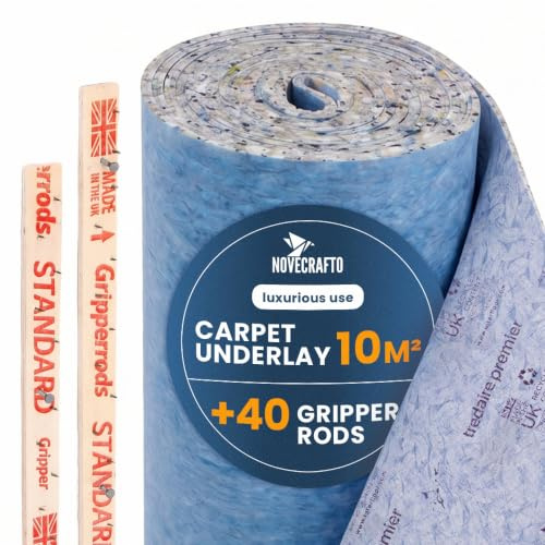 NOVECRAFTO 11mm Premium Carpet Underlay Kit, 10m² – 40 Gripper Rods | 44dB Sound Reduction, 3.13 Tog Thermal Insulation, 110 kg/m³ Density, Cushioning for Bedrooms, Living Rooms, Hallways, Stairs