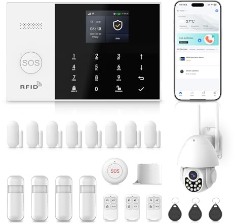 XNH 4G/WiFi Alarme Maison sans Fil avec Caméra Surveillance Extérieure IP66, 22 Pack, Kits de Sécurité pour la Maison avec Sirène, Détecteur de Mouvement, Capteurs de Fenêtre et de Porte, Télécommande