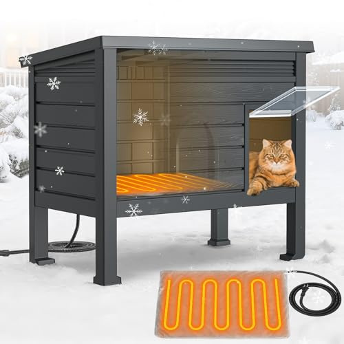 PETIMBER Niche chauffante pour l'extérieur – Maison pour chat isolée en plastique résistant aux intempéries – Abri sauvage à griffes avec coussin chauffant, porte de secours, pour plusieurs chats