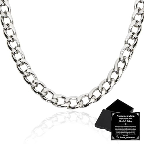 HUKUMA Halskette Herren, Edelstahl Kette Silber 6mm Mit Grußkarte, Geschenke für Mann Ehemann Sohn, Halskette Geschenk zum Weihnachten Geburtstag Valentinstag Jahrestag