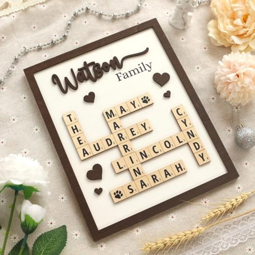 Individuelles Kreuzworträtsel-Puzzle-Holzrahmen, personalisierte Scrabble-Familiennamen-Fliesen für Wanddekoration, Nachnamenschild, Weihnachtsgeschenk, Geburtstagsgeschenk, Geschenk für Mutter