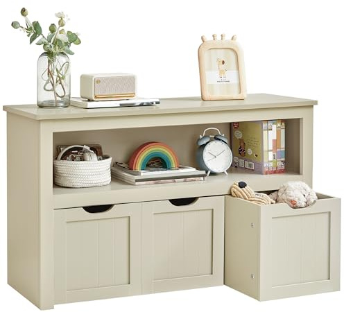 VASAGLE Toy Storage Unit With Wheels, 30 x 102 x 60 cm, Kids Bookcase, 3 Drawers, for Living Room, Children's Room, Playroom,Sand Beige LHS380LH01