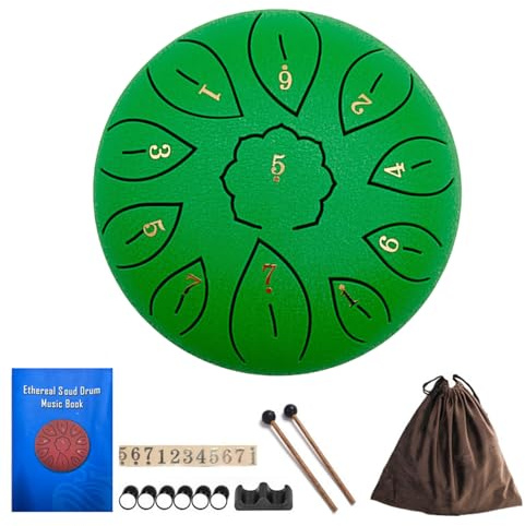 Aukojoy Edelstahl-Zungentrommel 15 cm mit 11 musikalischen Klangnoten, Handpan-Instrument mit Notenbuch, Klangstäben und Tragetasche