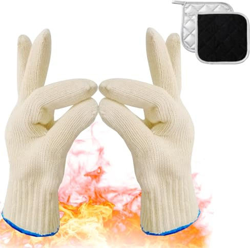 2 Stück Hitzebeständige Küchenhandschuhe - Hitzebeständig bis 350 °C,Doppelt Gestrickt für Beidseitigen Gebrauch,Enthält 1 Schwarze Wärmeisolationsmatte für Kochen,Backen, Pfannen halten,Grillen usw