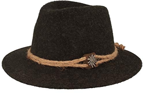 Breiter Original Herren Trachtenhut, Filzhut, Wanderhut Tiroler-Art, 100% Wolle, Hanfkordel, Edelweiß & schmaler Krempe Grau 59