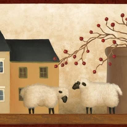 CONCORD WALLCOVERINGS ™ Farmhouse Sheep & Houses Wallpaper Border, 7 x 15' Cream Red Brown Green Folk Art Design, Prepasted Washable Vinyl, Kitchen Living Room Decor #AAI08143B