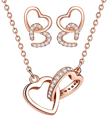 Yumilok Damen Schmuckset Halskette Ohrringe Set Doppel Herz Kette Ohrstecker in 925 Sterling Silber mit Zirkonia Allergenfrei Roségold