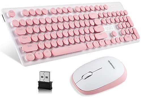 AJAZZ A3060 - Pink PC USB Wireless Keyboard and Mouse Set, 84 Keys Retro Typewriter Round Key caps 65 percent, Small Cordless Aesthetic Mouse, Compatible Mac Laptop Computer for office game