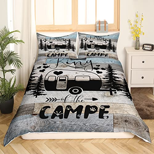 Camping-Bettwäsche 135 x 200 cm für Teenager, Erwachsene, Camper-Bettwäsche, rustikaler Bauernhaus-Stil, Bettbezug Happy Camping, schwarze Skizze,Zeichnung,Bettbezug,ultraweiche Bettwäsche, 2 Stück