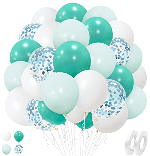 Palloncini Bianchi Blu Verde Acqua, 50 Pezzi 12 Pollici Bianco Blu Verde Acqua Palloncini in Lattice con Coriandoli Palloncini per Feste per Ragazzi Compleanno Battesimo Decorazioni per Feste