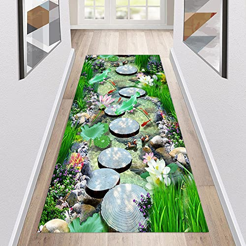 Teppich Läufer Flur rutschfest Küchenläufer Waschbar 3D Druckmuster 60X180CM Grün Korridor Teppichläufer Lang Küchenteppich Für Küche Wohnzimmer Schlafzimmer Teppichläufer Meterware Anpassbar