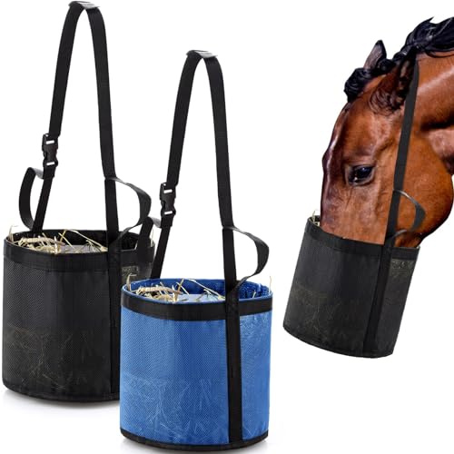 Wesnoy 2 Pcs Horse Feed Bags for Grain Mesh Grain Feeder Bucket with Adjustable Strap and Waterproof Bottom for Feeding Fodder Powder Supplements(Black and Blue)