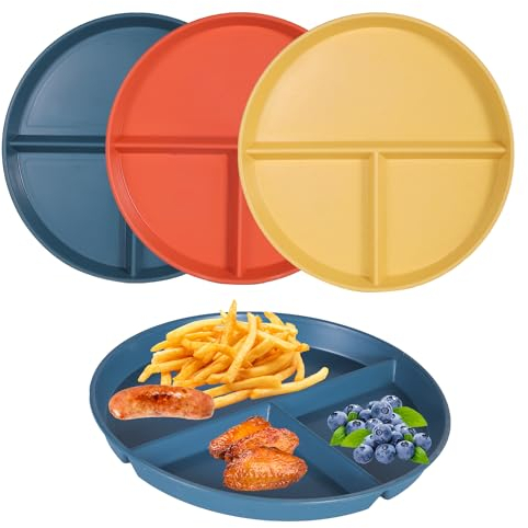 Ensemble de 3 Assiettes Divisées avec Compartiments, 22,5cm, Kit de Vaisselle Incassable, Contrôle des Portions, Plateau Réutilisable pour Adultes et Enfants