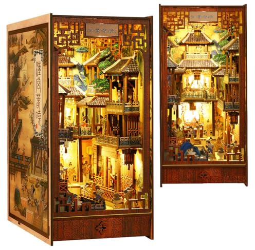 Cjeuxnr DIY Book Nook Kit Miniatur Puppenhaus Kit 3D Holzpuzzle Chinesische Han-Dynastie Kulturarchitektur Modellbau mit LED-Licht und Spieluhr